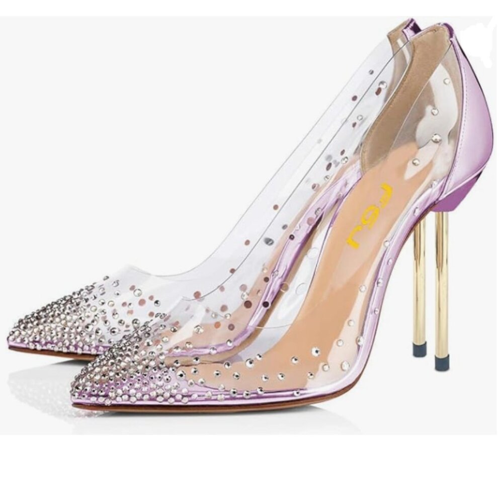 FSJ Violet Studded Pointed Toe Transparent Pumps High Heels Shoes